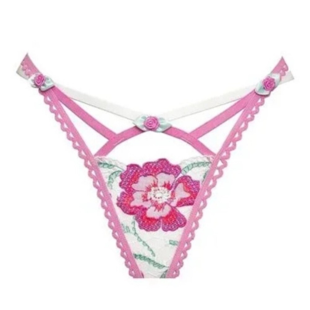 New! For Love & Lemons Pink Festival Embroidered Floral Thong Panty 51338